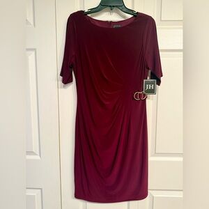 JH Women’s Cocktail Dress Short Sleeve Cinched at Waist Wine 14P NWT